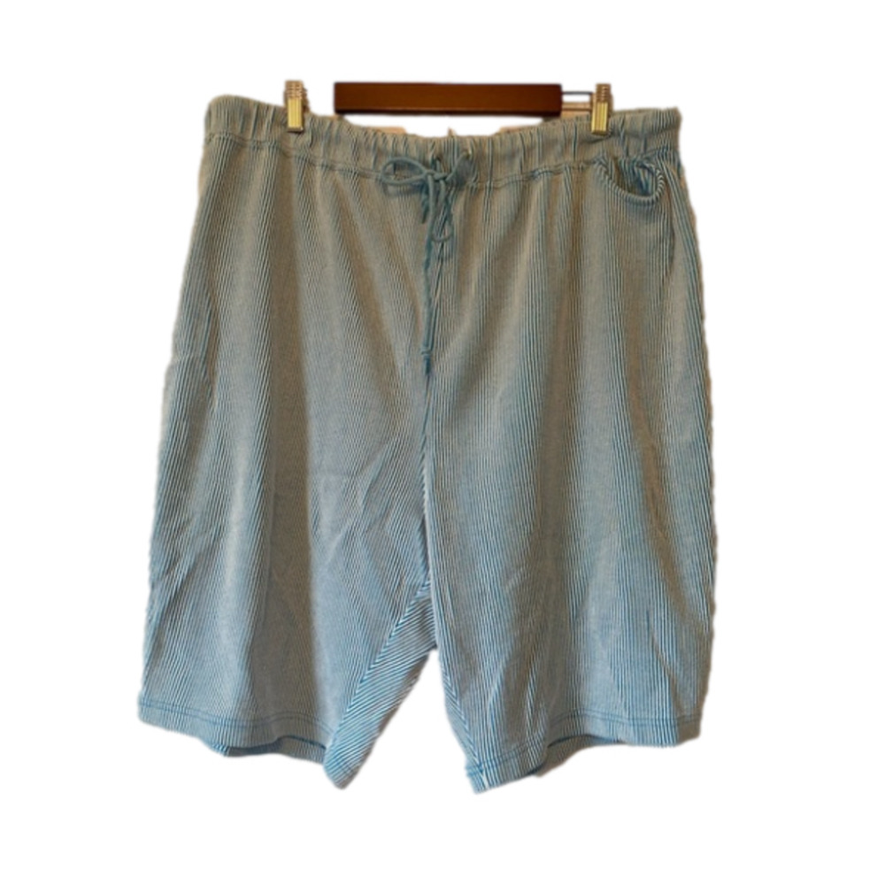 All American Comfort Elastic Waist Casual Ribbed Teal White Stripe Shorts‎ 3X